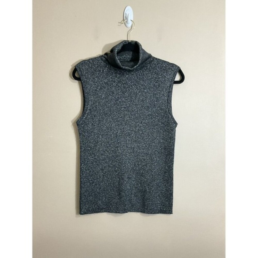 VTG Womens Shimmery Turtleneck Shirt Sz Large Silver Sleeveless Disco NYE Party